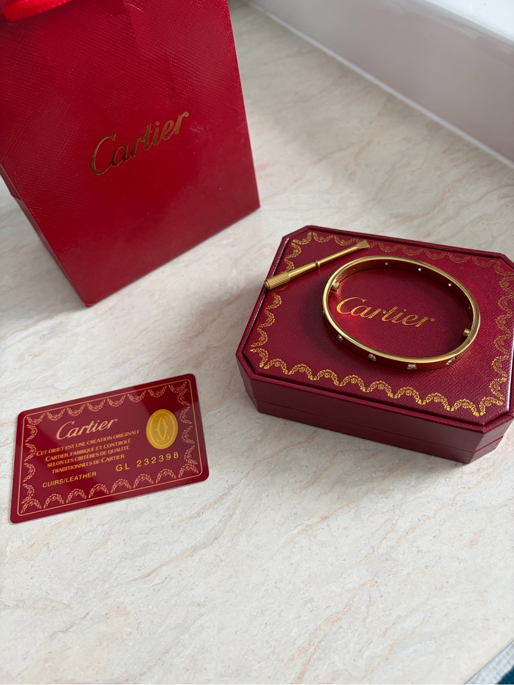 Cartier Gold Love Bracelet with Red Box and Card